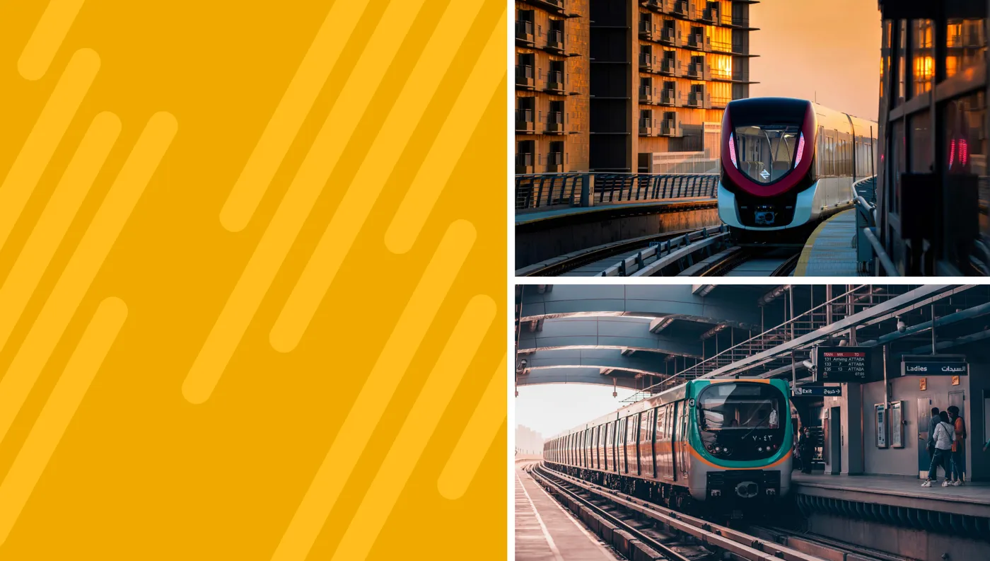 A collage of urban transport photos. On the left, a yellow-orange graphic with diagonal stripes. On the right, two images of modern metro trains: the top shows a red and white train arriving at a station at sunset, and the bottom shows a green and grey train stopped at a platform with passengers waiting.